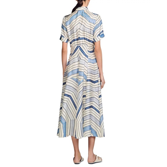 Lison Spider Blue Print Spiral Motif Silk Midi Dress - Picture 2 of 7